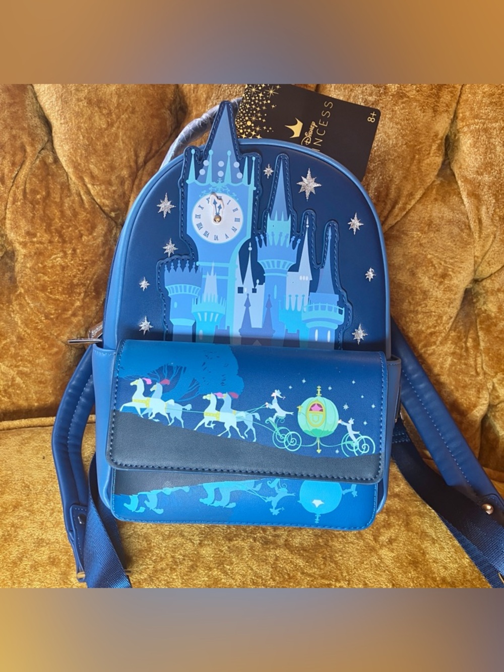 NWT Loungefly Disney Cinderella Night Castle Mini Backpack Clock Carriage Blue